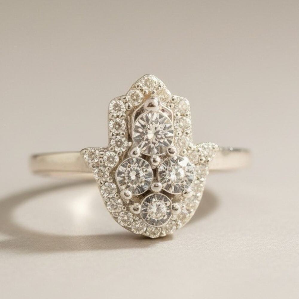 Jewelry Solid 925 Sterling Silver 💎 Natural Diamond 💎Hasma Band Ring Size 7